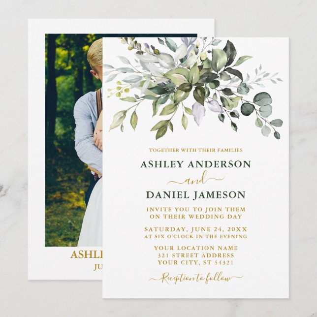 Invitación Watercolor Greenery Photo Boda Gold Green (Anverso / Reverso)