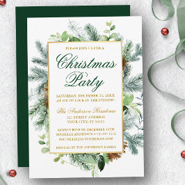 Invitación Watercolor Greenery Pine Navidades Fiesta Gold