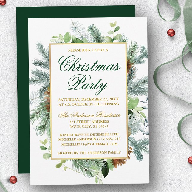 Invitación Watercolor Greenery Pine Navidades Fiesta Gold (Customize to change text color, size, style or to change color of back of card.)