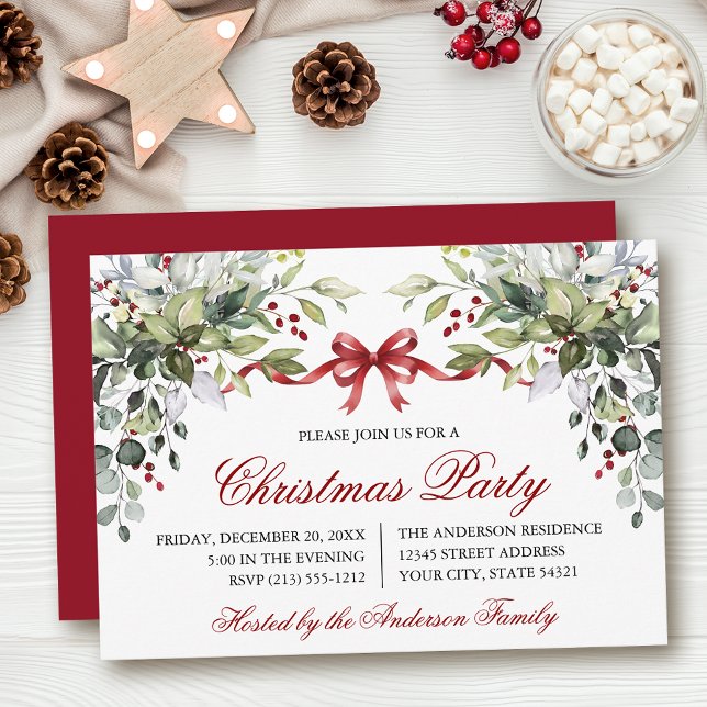 Invitación Watercolor Greenery Red Bow Christmas Party (Customize to change text size, color, style or to change color of back of card.)
