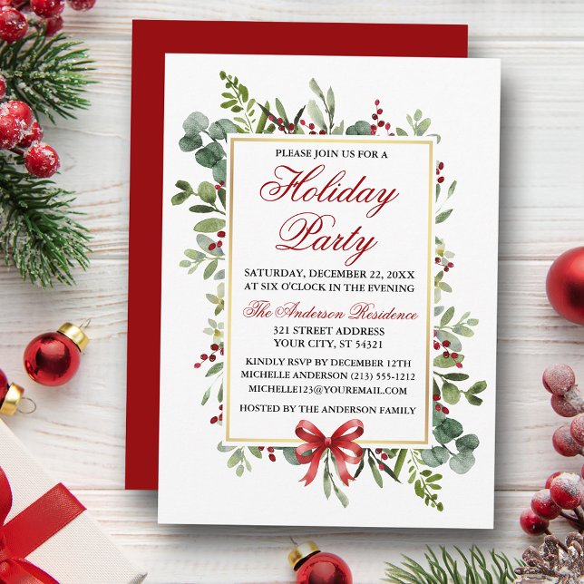 Invitación Watercolor Greenery Red Bow Holiday Party (Customize to change color of back of card.)