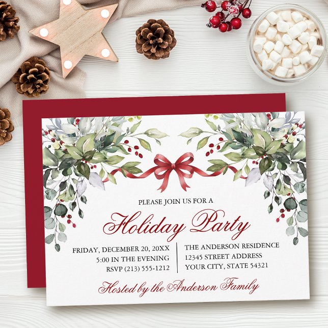 Invitación Watercolor Greenery Red Bow Holiday Party (Customize to change text size, color, style or to change color of back of card.)
