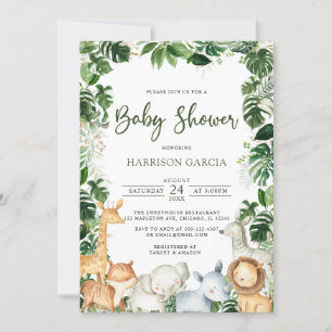 Invitación Watercolor Greenery Safari Animals Boy Baby Shower
