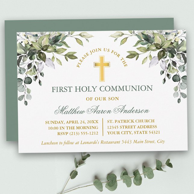 Invitación Watercolor Greenery Sage Green Gold Communion (Customize to change text color, text style or color of back of card.)