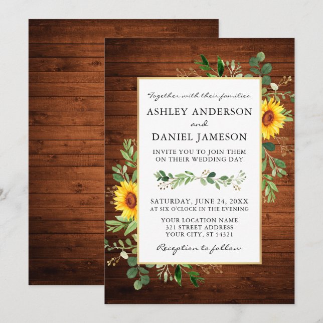 Invitación Watercolor Greenery Sunflowers Boda de Madera (Anverso / Reverso)