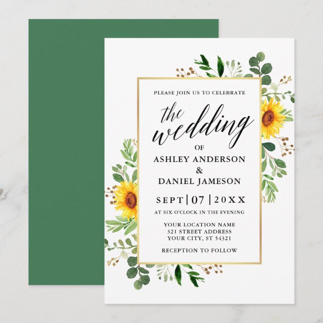 Invitación Watercolor Greenery Sunflowers Calligraphy Boda (Anverso / Reverso)