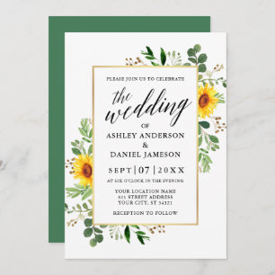 Invitación Watercolor Greenery Sunflowers Calligraphy Boda