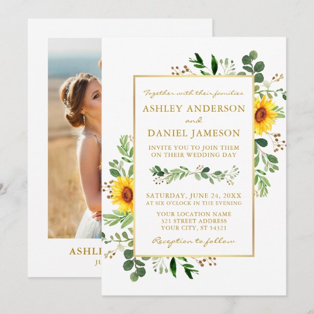 Invitación Watercolor Greenery Sunflowers Foto Boda Gold (Anverso / Reverso)