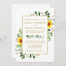 Invitación Watercolor Greenery Sunflowers Foto Boda Gold