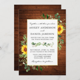 Invitación Watercolor Greenery Sunflowers Wood Photo Boda
