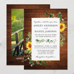 Invitación Watercolor Greenery Sunflowers Wood Photo Boda