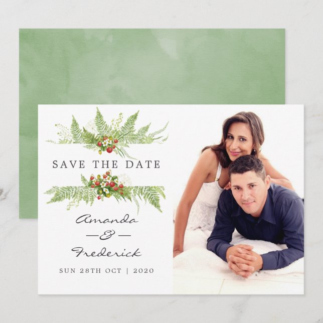 Invitación Watercolor Greenery Wedding Save the Date (Anverso / Reverso)