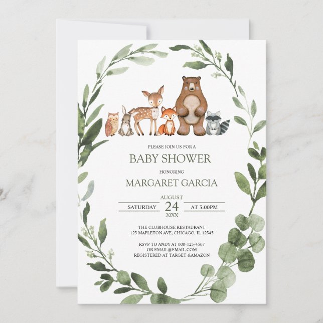 Invitación Watercolor Greenery Woodland Animales Baby Shower  (Anverso)
