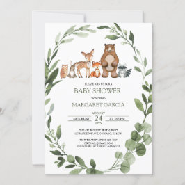 Invitación Watercolor Greenery Woodland Animales Baby Shower 