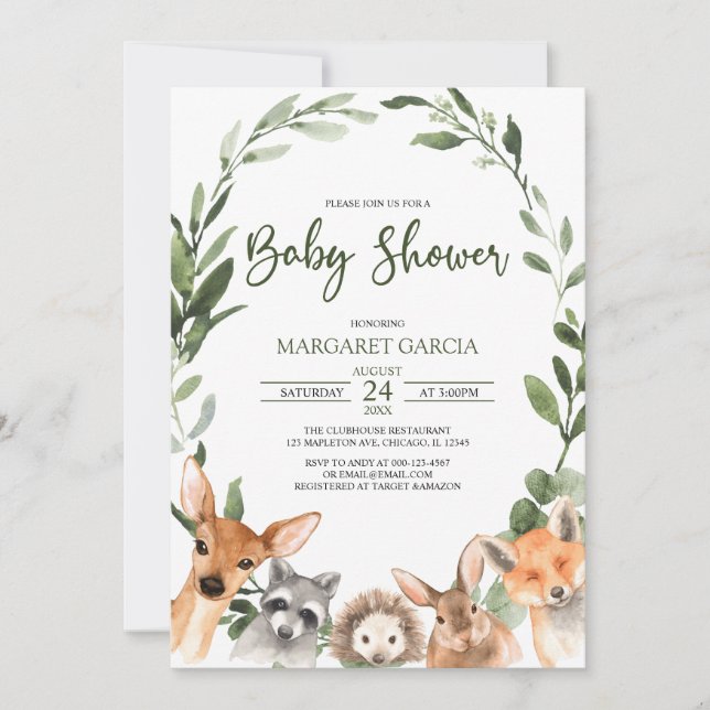 Invitación Watercolor Greenery Woodland Animals Baby Shower (Anverso)