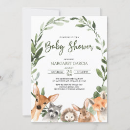 Invitación Watercolor Greenery Woodland Animals Baby Shower