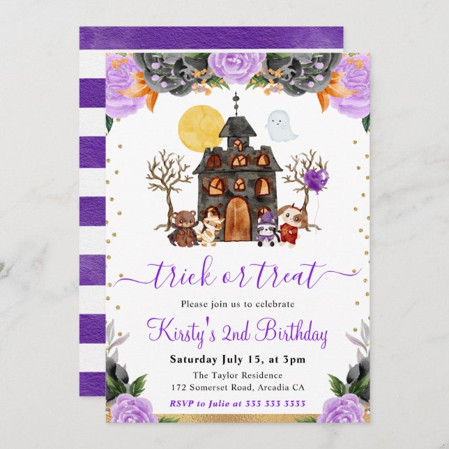 Invitación Watercolor Halloween Animales Fiesta de cumpleaños (Anverso / Reverso)