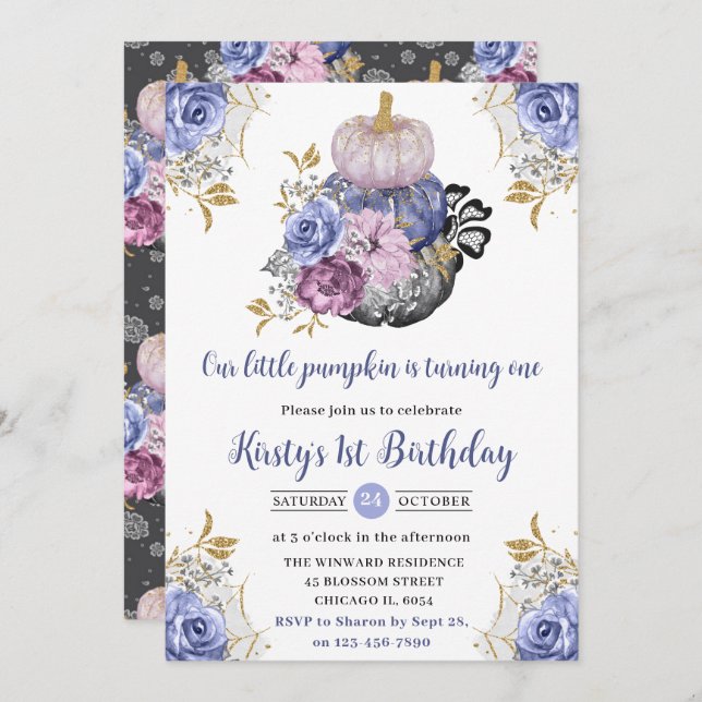 Invitación Watercolor Halloween Calabazas Florales Primer cum (Anverso / Reverso)