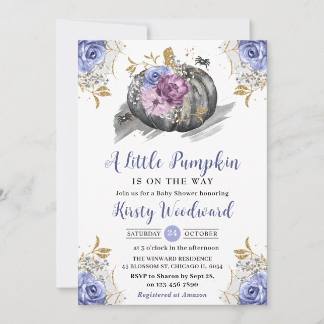 Invitación Watercolor Halloween Floral Pumpkins Baby Shower (Anverso)