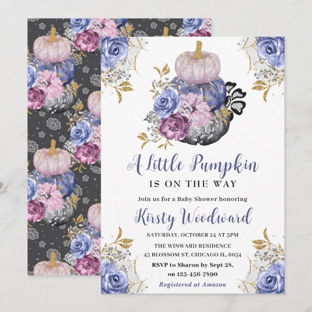Invitación Watercolor Halloween Floral Pumpkins Baby Shower (Anverso / Reverso)