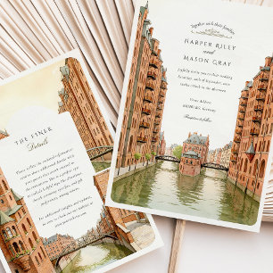Invitación Watercolor Hamburg Speicherstadt Canal Boda