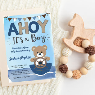 Invitación Watercolor Happy Bear Ahoy es un chico Baby Shower