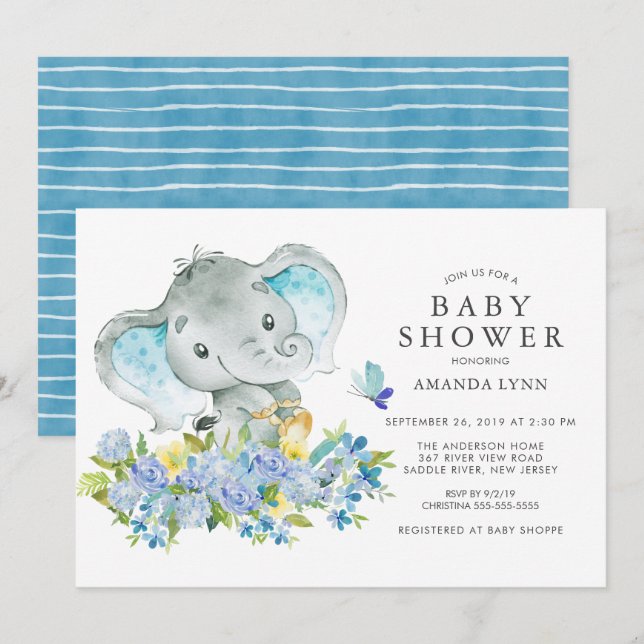 Invitación Watercolor Happy Elephant Baby Boy Shower (Anverso / Reverso)