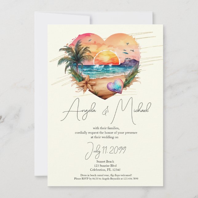 Invitación Watercolor Hawaii Beach Sunset Heart Boda (Anverso)