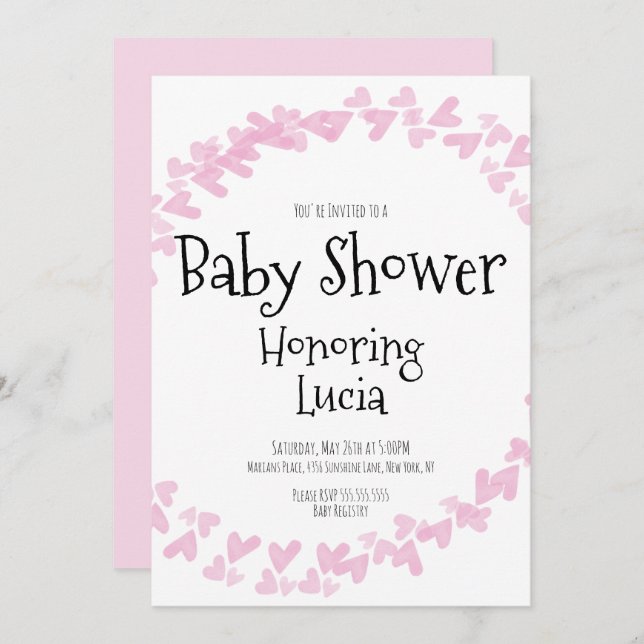 Invitación Watercolor Hearts Stamp Wreath Baby Shower (Anverso / Reverso)