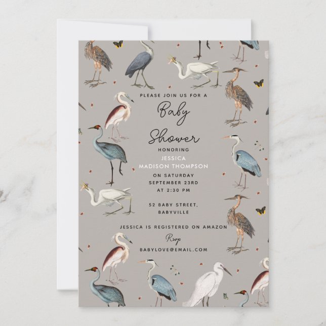 Invitación Watercolor Heron Bird Egret Nature Baby Shower (Anverso)