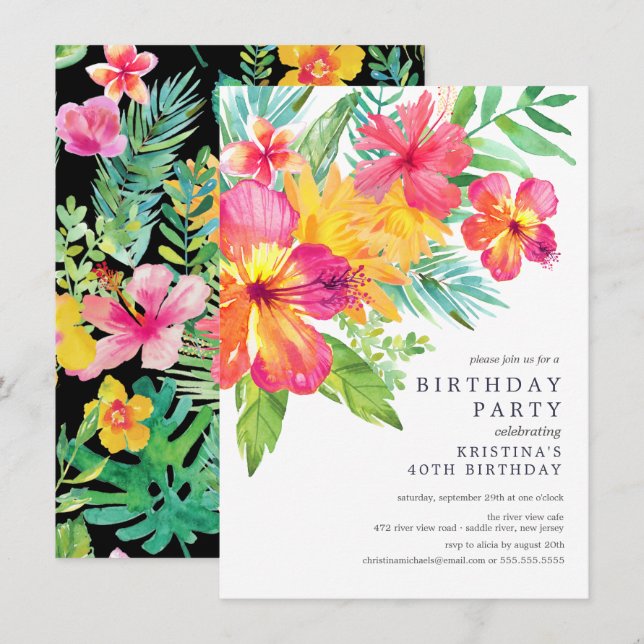 Invitación Watercolor Hibiscus Floral Tropical Birday Party (Anverso / Reverso)
