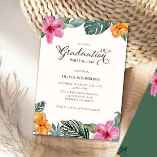 Invitación Watercolor Hibiscus Fotografía de Graduación Tropi