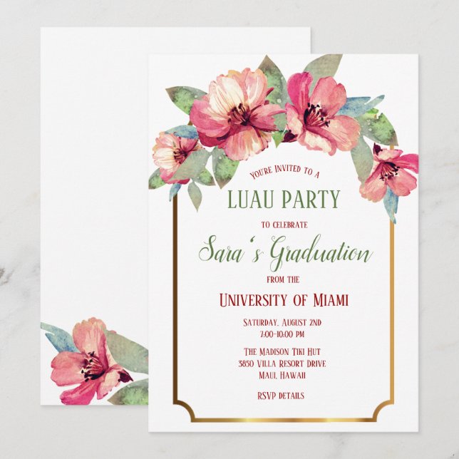 Invitación Watercolor Hibiscus Gold Luau Fiesta Graduación (Anverso / Reverso)