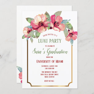 Invitación Watercolor Hibiscus Gold Luau Fiesta Graduación