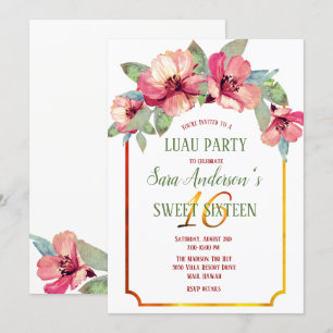 Invitación Watercolor Hibiscus Luau Fiesta Sweet 16 B'day