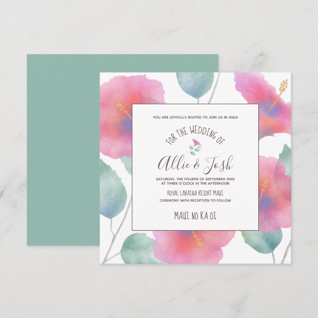 Invitación Watercolor Hibiscus Maui Boda Square (Anverso / Reverso)