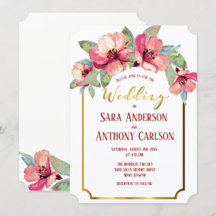 Invitación Watercolor Hibiscus Relieve metalizado dorado Boda