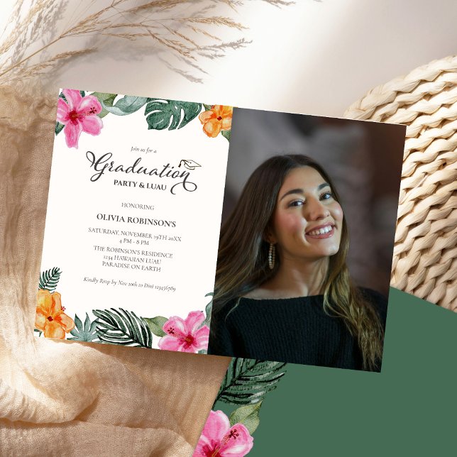 Invitación Watercolor Hibiscus Tropical Luau Graduación Foto (Subido por el creador)