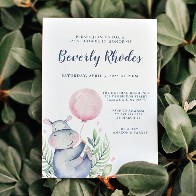 Invitación Watercolor Hippo Baby Shower (Sweet Watercolor Hippo with Pink Balloon Baby Shower Invitation)