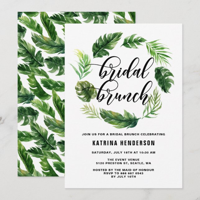 Invitación Watercolor Hojas Tropicales Brunch Wreath Bridal (Anverso / Reverso)
