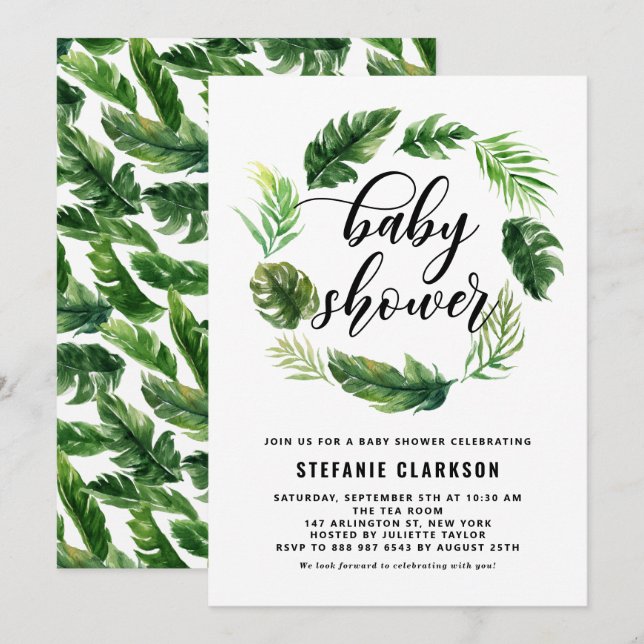 Invitación Watercolor Hojas Tropicales Wreath Baby Shower (Anverso / Reverso)