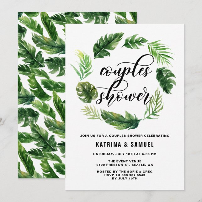 Invitación Watercolor Hojas Tropicales Wreath Parejas Ducha (Anverso / Reverso)