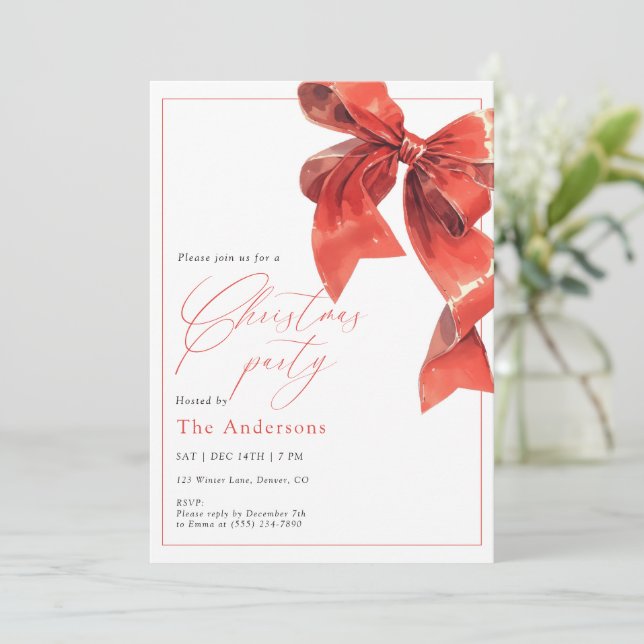 Invitación Watercolor Holiday Red Bow Christmas Party (Anverso de pie)