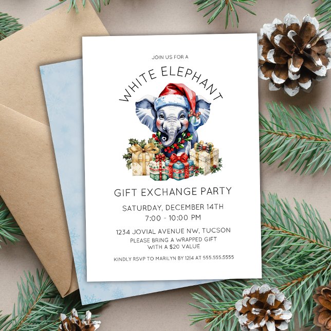 Invitación Watercolor Holiday White Elephant Gift Exchange (cute watercolor white elephant gift exchange party invitation for holiday christmas office parties)