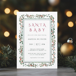 Invitación Watercolor Holly Berry Frame Santa Baby Shower