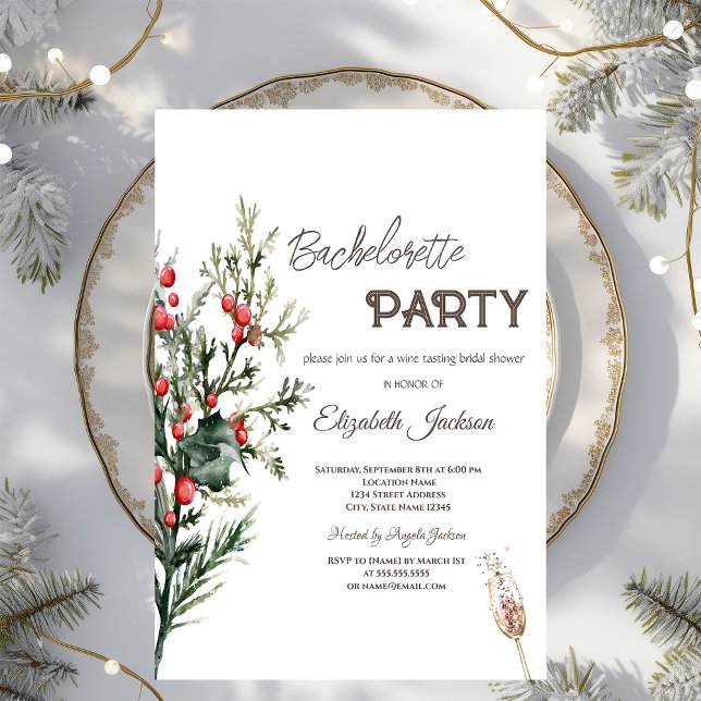 Invitación Watercolor Holly Berry Greenery Bachelorette (Subido por el creador)