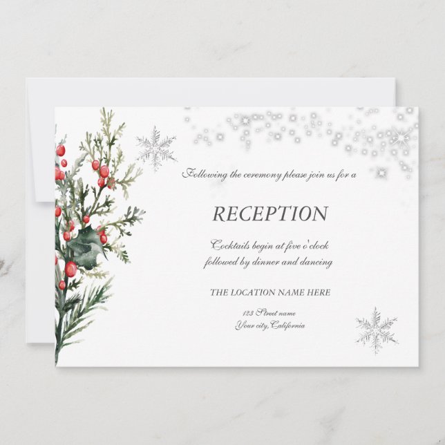 Invitación Watercolor Holly Berry Greenery Recepción (Anverso)