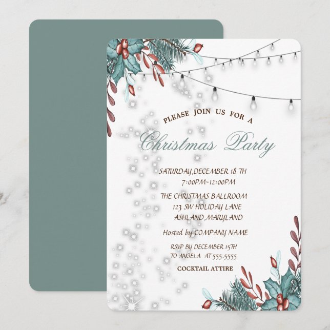 Invitación Watercolor Holly Berry, Luces, Fiesta Navidad (Anverso / Reverso)