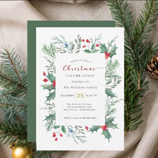 Invitación Watercolor  Holly Christmas Celebration Invitation
