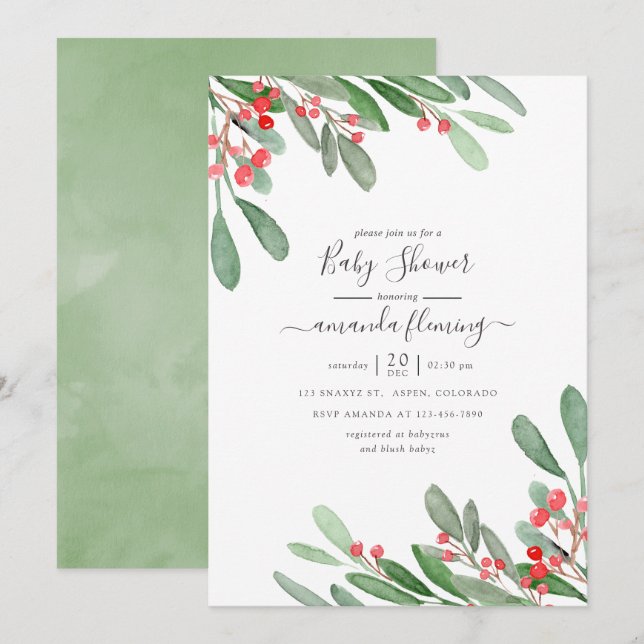 Invitación Watercolor Holly Jolly Navidades Baby Shower (Anverso / Reverso)
